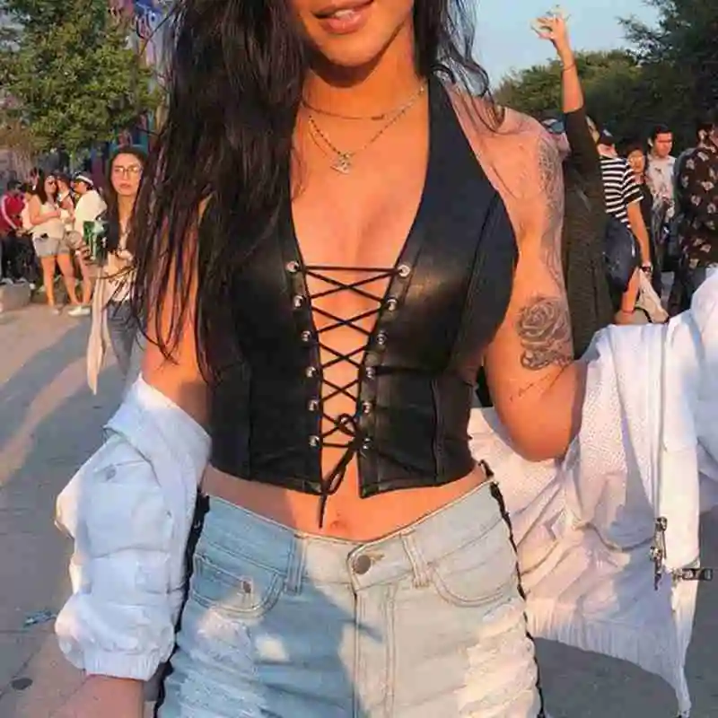 Топ женский кожаный без рукавов с перекрещивающимися лямками в готическом стиле