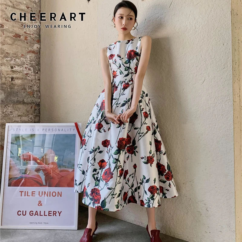 

Длинное белое платье CHEERART без рукавов с цветочным принтом розы, элегантные летние туники, а-силуэт, вечерние платья средней длины для выпуск...