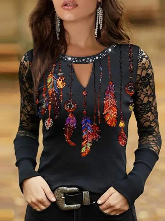 

Dreamcatcher Feather Print Lace Hand Sleeve Crew Neck T-Shirt