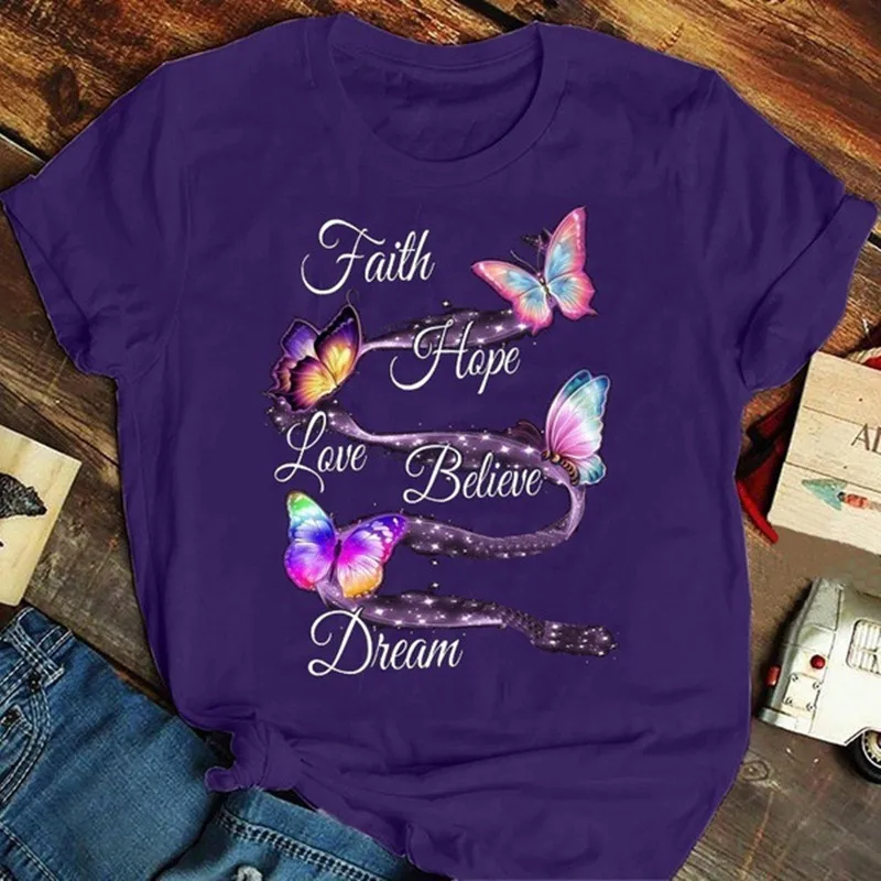 

Summer Plus Size Tshirt Women Colorful Butterfly Printed Shirt O-Neck Short Sleeve Tees 100%cotton Woman Tshirts Black