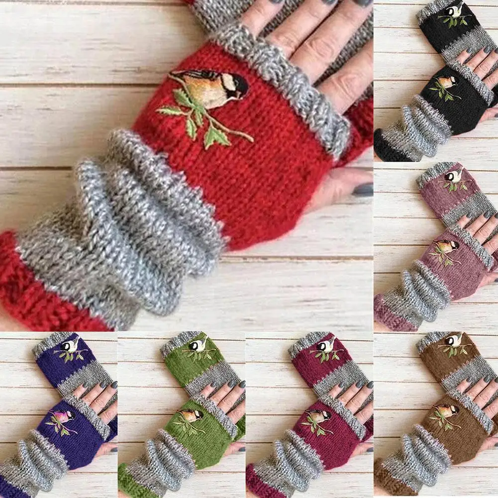 Птиц вышитые перчатки женские вязаные без пальцев плюс Искусственная кожа