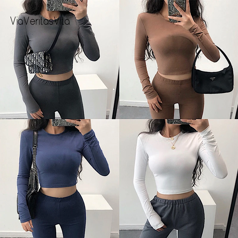 

6 Colors Womens sexy Shirts Tops long sleeve stretchy slim Copped Tops Summer basic skinny Crop Tops slim tiny T shirts 2020