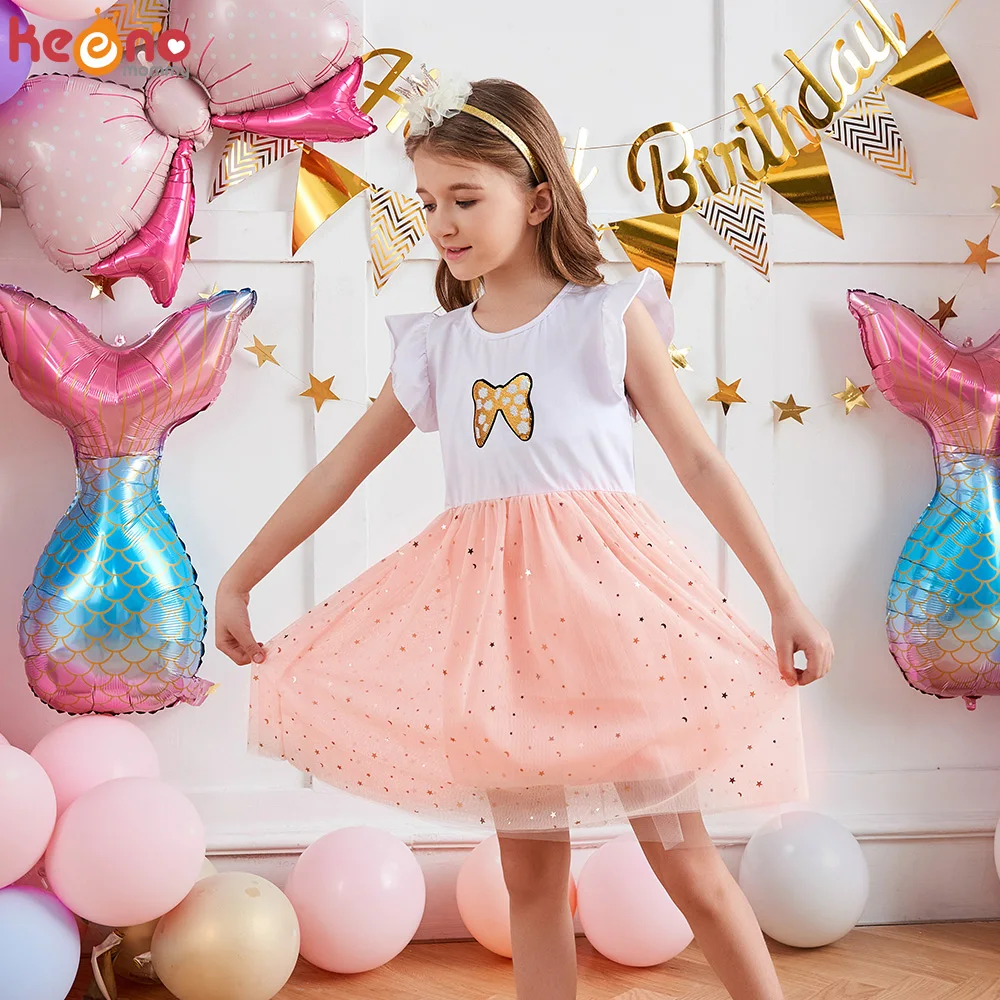 

Summer Princess Dresses Baby Girls Cartoon Flare Sleeve Tulle Mesh Vestidos Sequins Sweet Children Party Costume Kids Dress