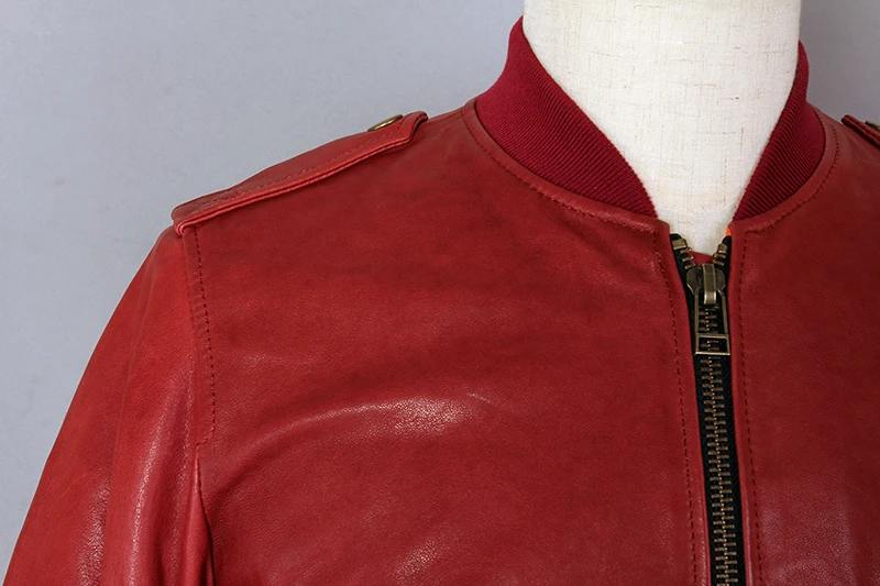 

AVIREX FLY Air Force Flight Sheepskin Genuine Leather Men Motorcycle Biker Coat Red Bomber Jacket Baseball uniform