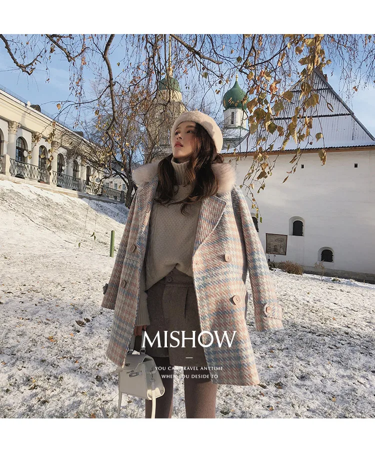 MISHOW женский верхняя одежда зимняя одежда мода теплые шерстяные смеси женский элегантный двубортный шерстяное пальто MX18D9679