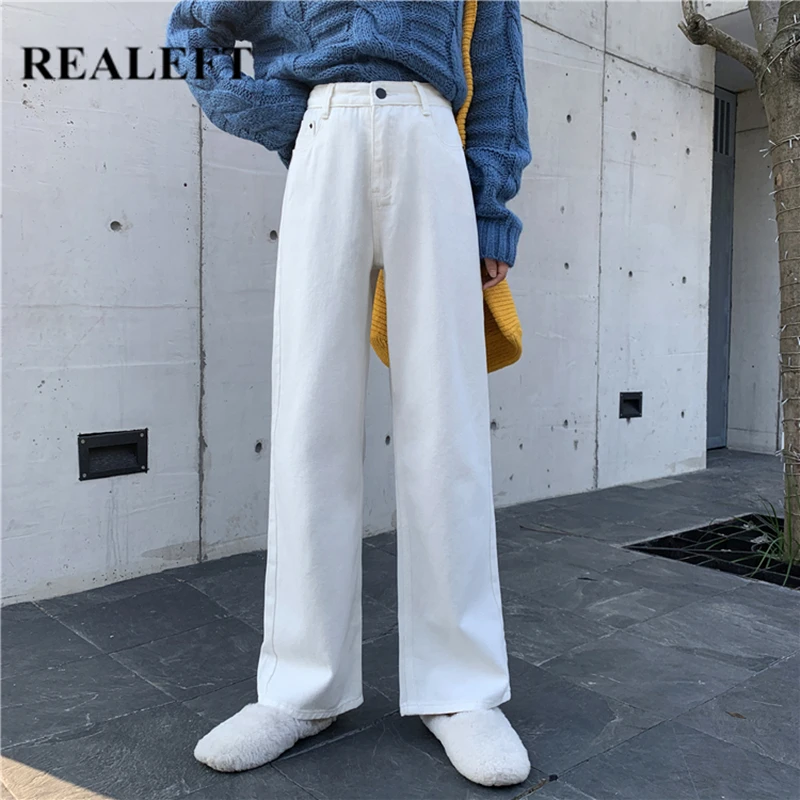 Женские джинсы с высокой талией REALEFT белые прямые офисные брюки повседневные для