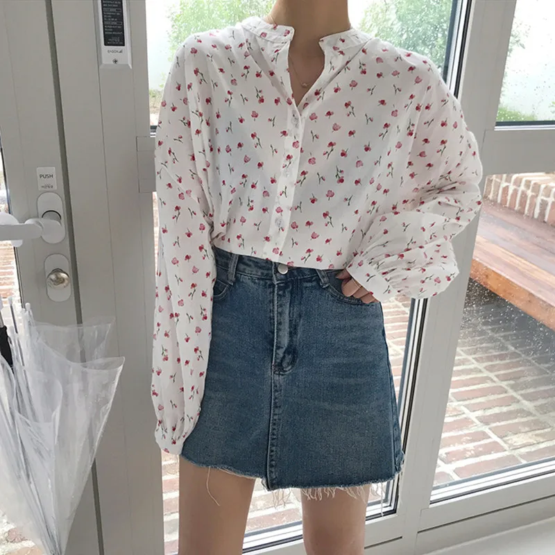 2 цвета осень 2019 корейский стиль милый цветочный принт рубашка с длинными