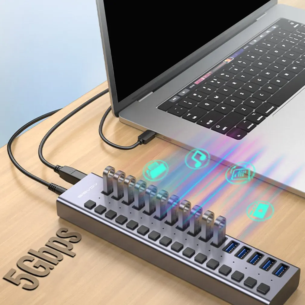 

USB Hub 3.0 High Speed 16 Port USB 3.0 Hub Splitter On/Off Switch with 12V 6A Power Supply Cord for MacBook Laptop PC