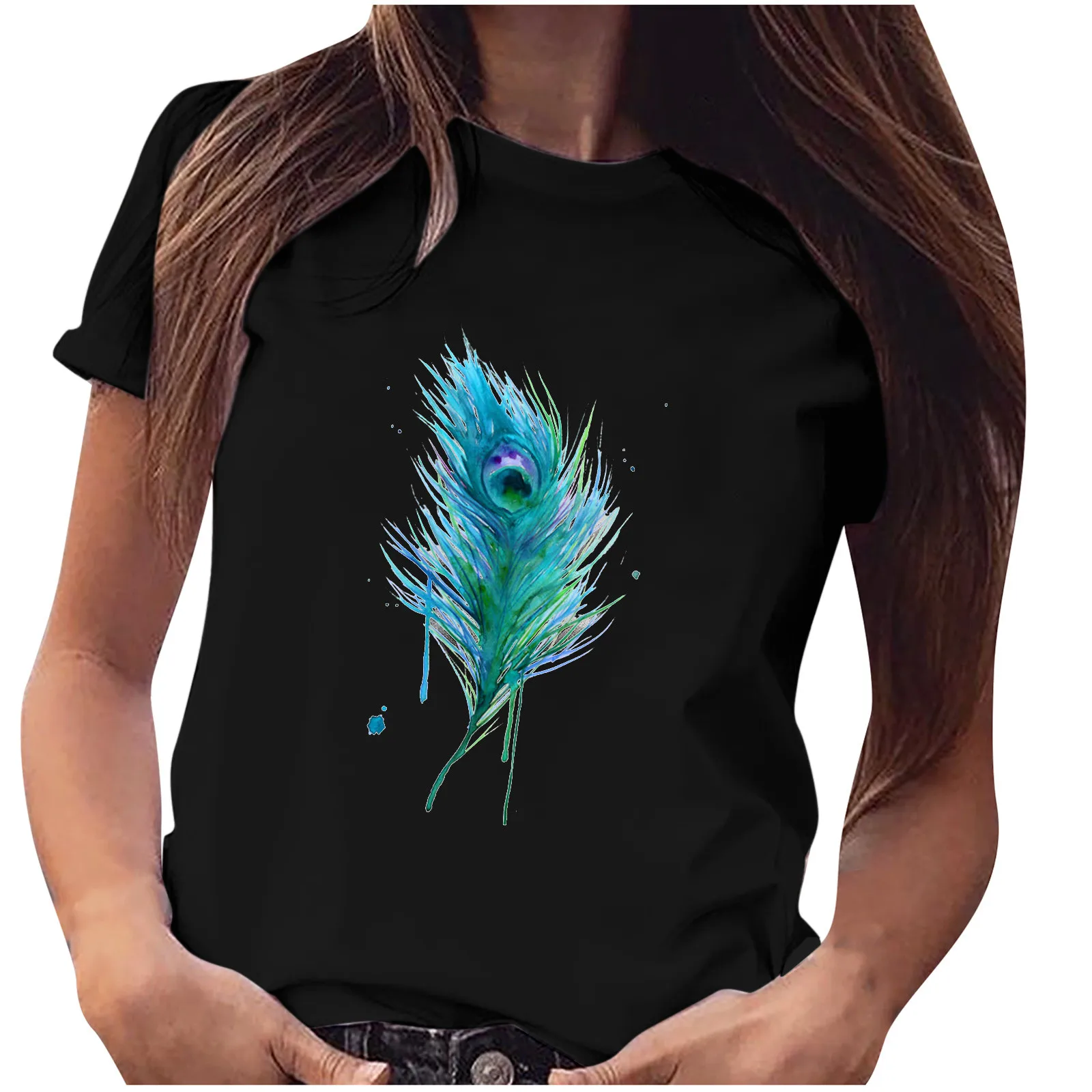 

Women Girls Plus Size Feather Print Shirt Short Sleeve T -Shirt Blouse Tops Summer Clothes For Women 2021 Fashion Casual T Shirt