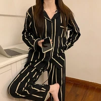 qweek striped sleepwear korean style pajamas for women autumn pyjamas 2 piece set loungewear casual pijamas brief bedroom suit