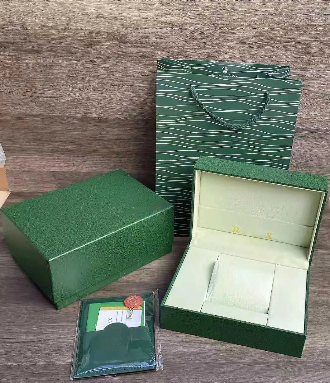 

Top Quality Dark Rol Green Watch Box Gift Woody Case Watches Booklet Card Tags and Papers In English Watches Boxes for Roleab