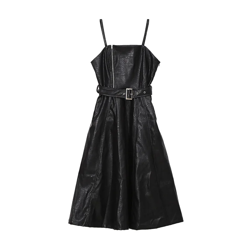 

Autumn Winter New Women's Black Pu Strap Dress, Fashion Figure-flattering Leather Dress, Commuting Office Women A-dress Dress