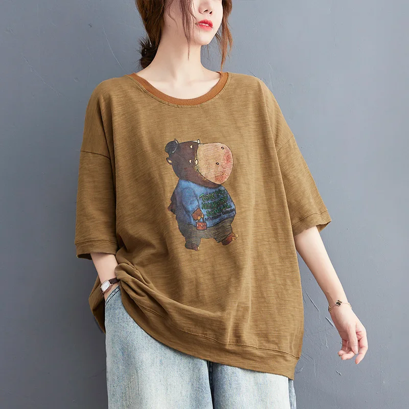 

Oversized Women Summer Cotton Casual T-shirts New Arrival 2021 Fashion Cartoon Print Loose Comfortable Female Tops Tees