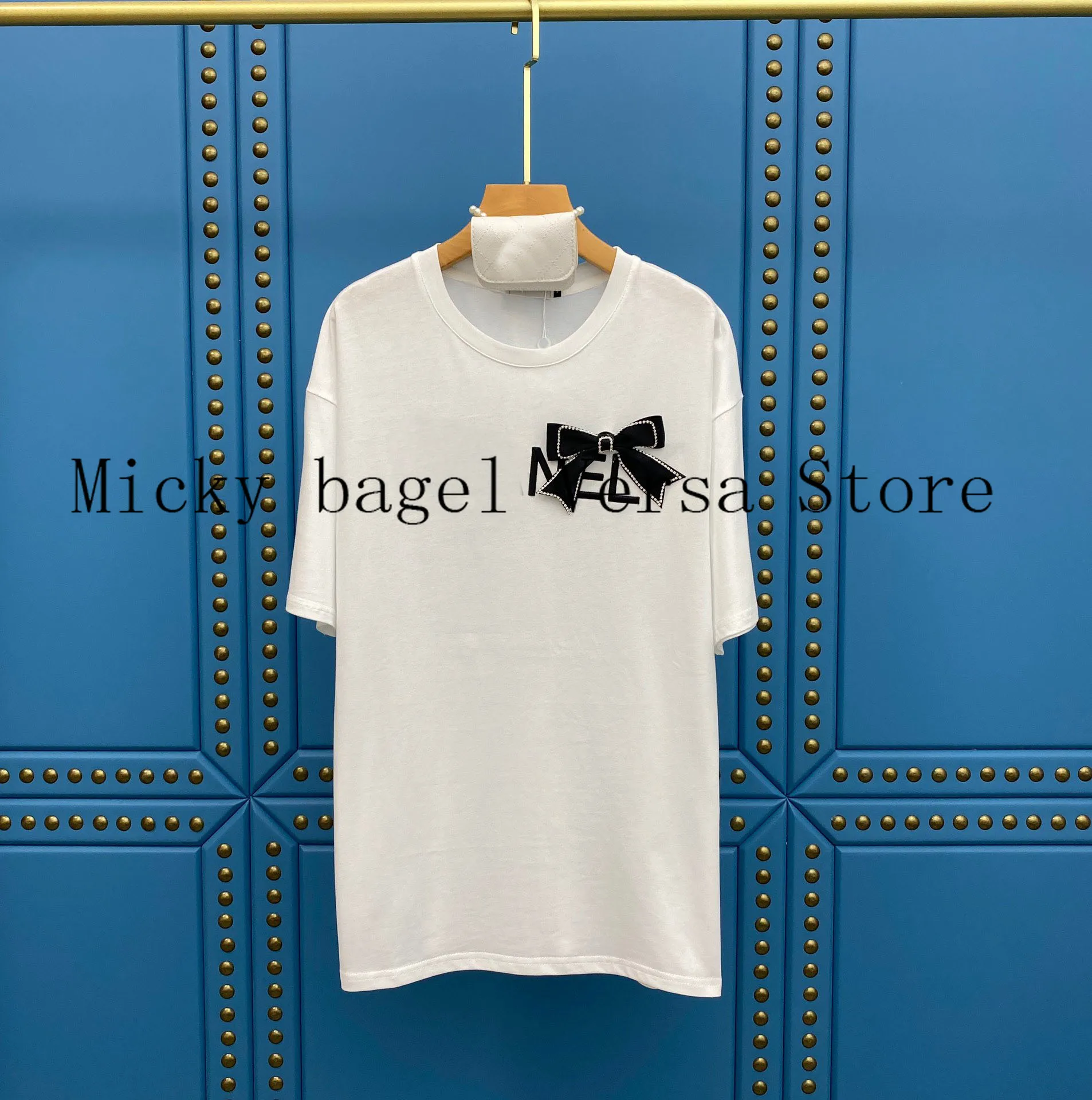 

2021 luxury design embroidery printing bow fashion women's half sleeve top temperament loose short sleeve versatile T-shirt
