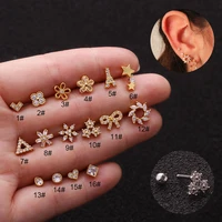1pc stainless steel screw ear cz flower zircon cartilage stud earrings for women ear bone nail puncture helix piercing jewelry