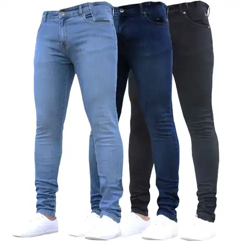 Мужские брюки с высокой талией, Стрейчевые джинсы на молнии, повседневные облегающие брюки, мужские джинсы-карандаш, джинсы скинни для мужч...