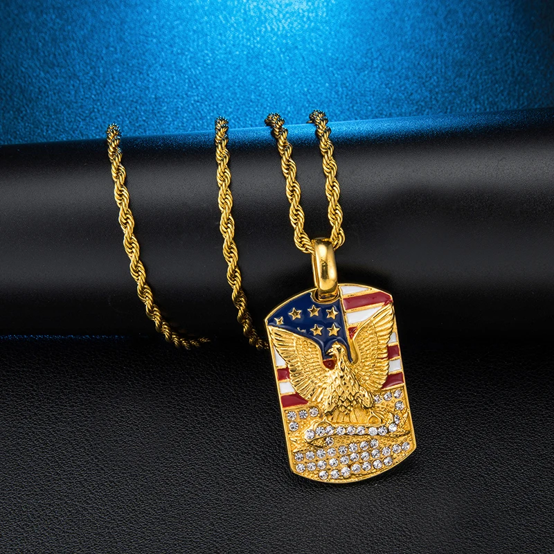 Хип хоп Iced Out Bling американский флаг с орлом проложили стразом из нержавеющей стали