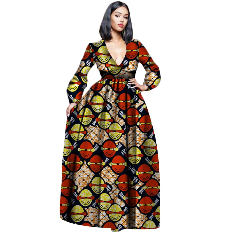 

African Dashiki Dresses Cotton Long Sleeve Party Dress Plus Size African Dress Styles For Women V-neck Nigerian Clothes WY3103