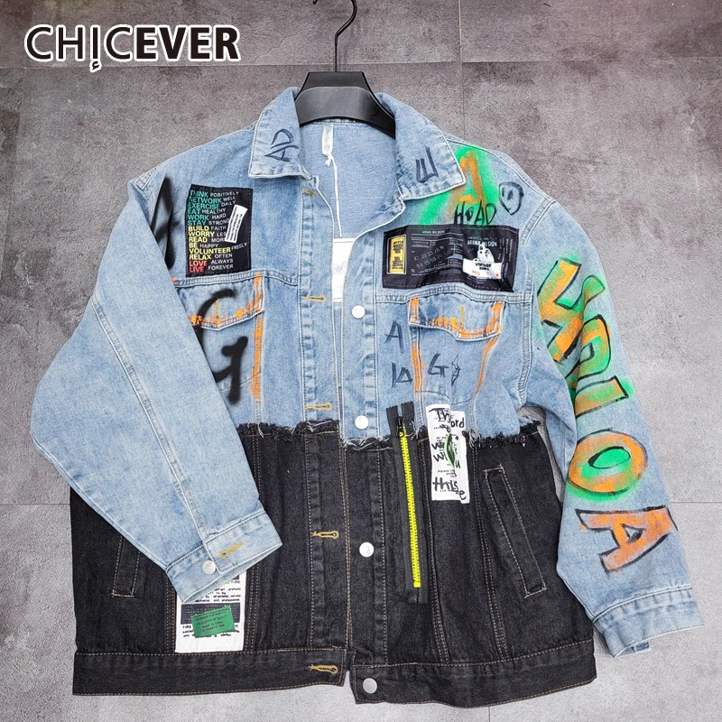 

CHICEVER Casual Letter Graphic Colorblock Jackets Women Lapel Long Sleeve Hip Hop Women's Spring Jacket 2021 Fashion Clothing