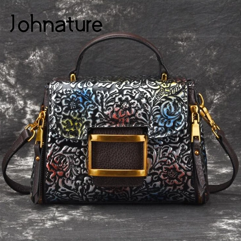 

Johnature 2022 New Vintage Cow Leather Women Bag Handmade Embossed Flower Handbag Leisure Lady Shoulder Messenger Bags