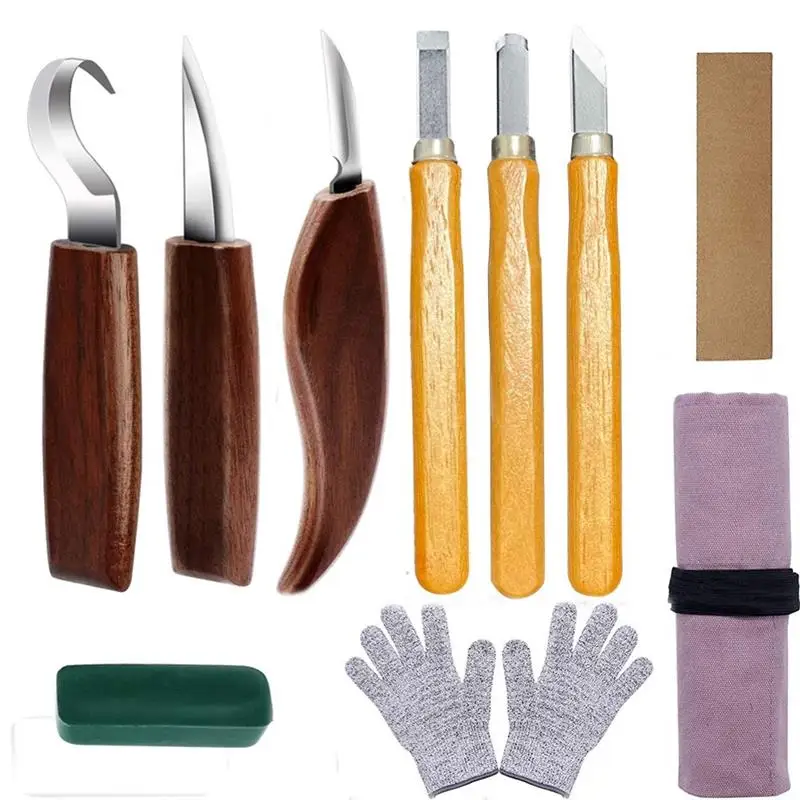 

10 in 1 Woodworking Tools Set Cut Resistant Gloves Hook/Whittling/Detail/Carving Knife for DIY Sculpture Carpenter