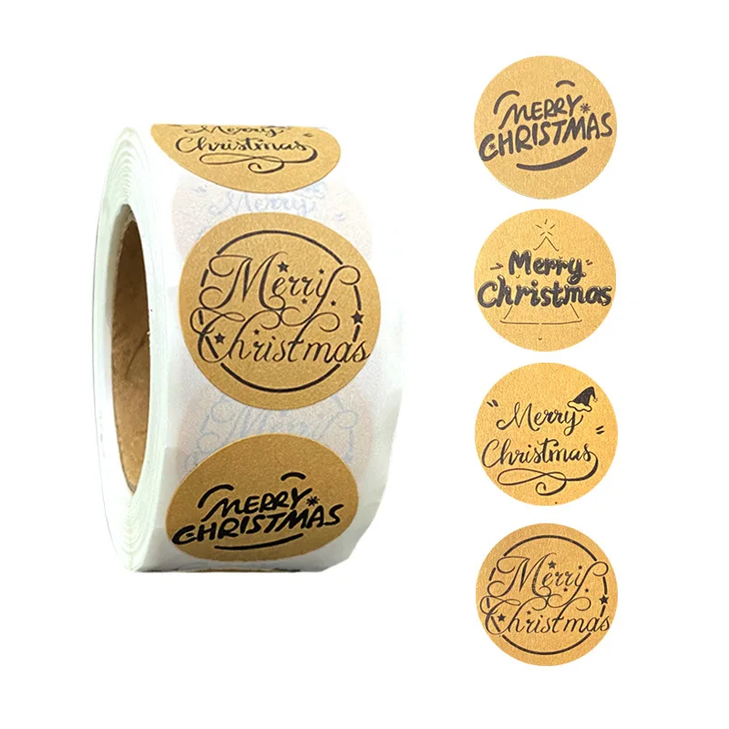 

100-500pcs Round Kraft Merry Christmas Stickers Scrapbooking for Package Adhesive Thank You Sticker Seal Labels Stationery