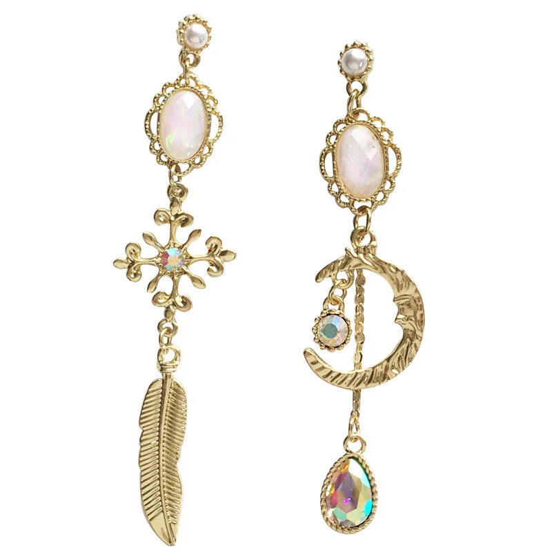 

Korean jewelry fashion long feather pendant creative asymmetric resin moon earrings for women jewelry student best gift