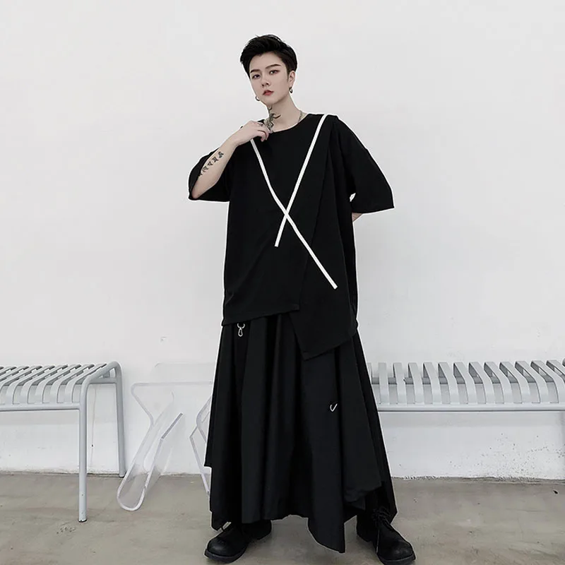 

Men Ribbon Asymmetry Hem Short Sleeve Casual T-shirt Male Women Japan Karajuku Streetwear Hip Hop Gothic Loose Tee Shirt