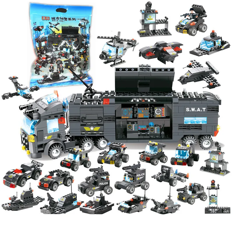 

8Pcs/lot Robot Aircraft Car City Armed Police SWAT Truck Brinquedos Building Blocks Sets DIY Juguetes Creator Bricks Kids Toys