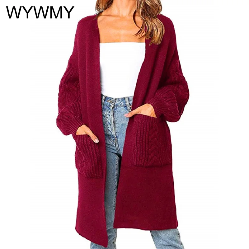

WYWMY Casual Cardigan Womens Sweater 2021 Autumn Winter New Solid Color V-neck Twist Lantern Sleeve Knitted Cardigan Jacket Coat