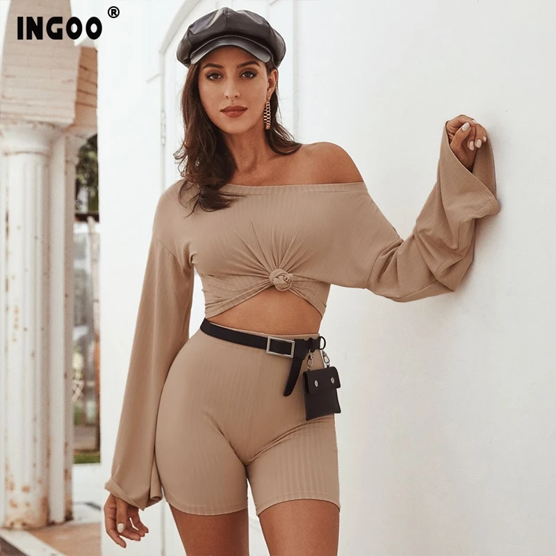 Женский комплект из двух предметов INGOO Свободный укороченный топ цвета хаки с