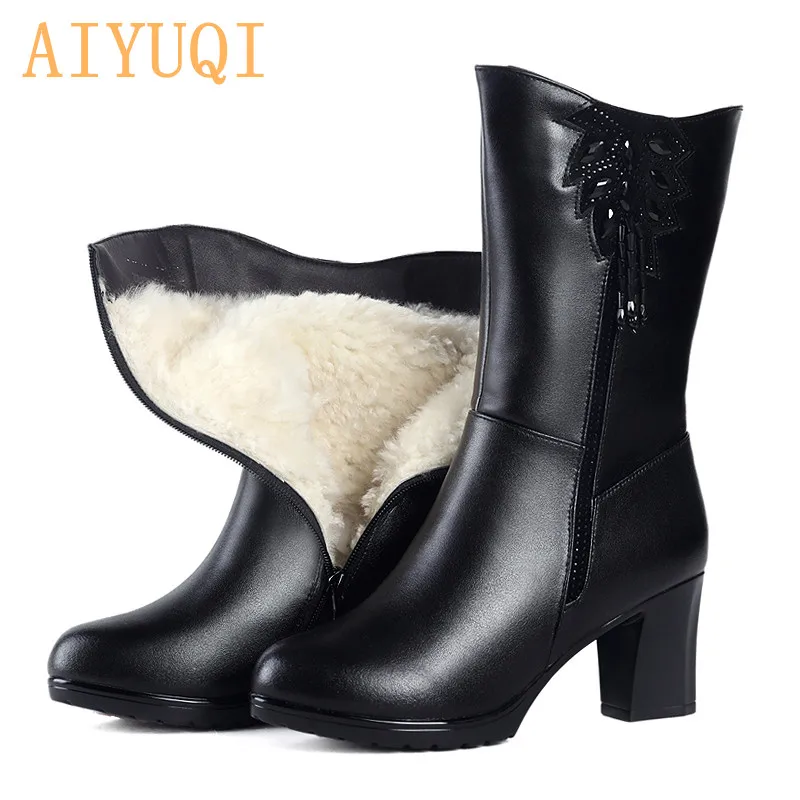 black wool AIYUQI обувь; женские ботинки; Новинка года; натуральная шерсть; теплые зимние женские ботинки; ботинки с бахромой на высоком каблуке; женские зимние ботинки - Цвет: black wool
