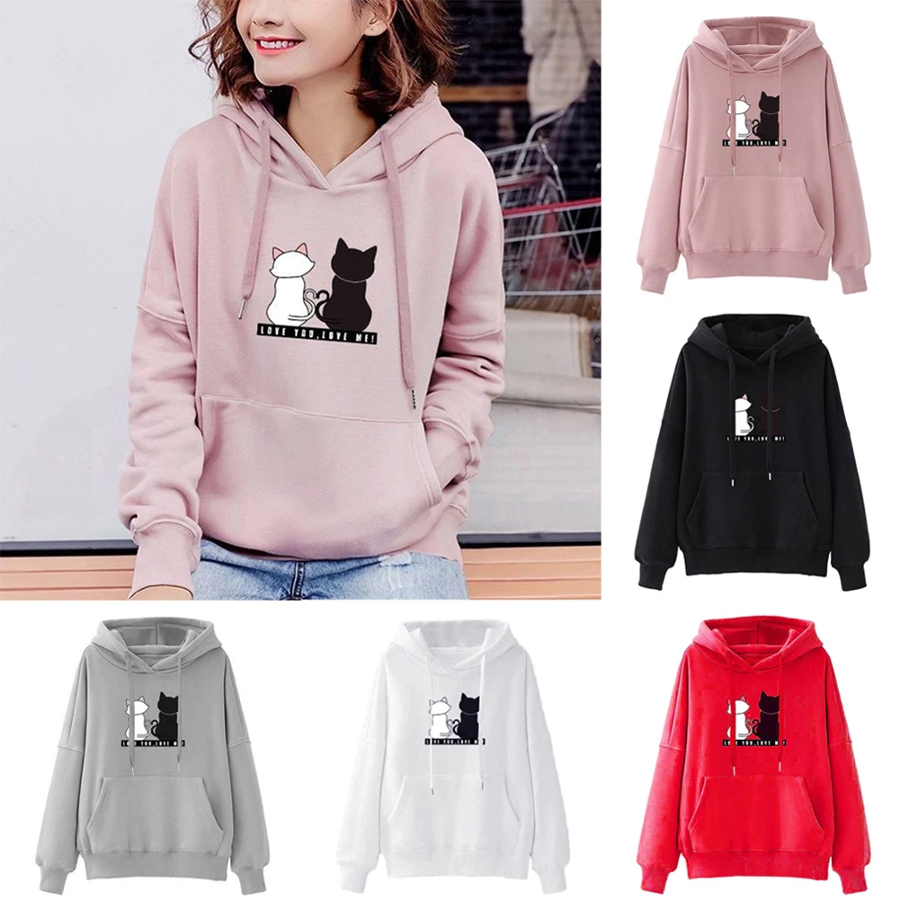 

Women Cute Cat Printed Long-sleeve Hooded Hoodies Pullover Big Pockets Loose Casual Sweatshirt Hip Hop Style Fall Streetwear
