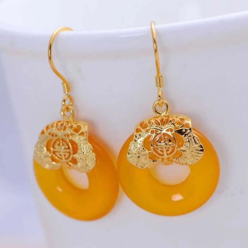

Natural Yellow Agate Earrings S925 Silver Round Circle Dangle Earrings