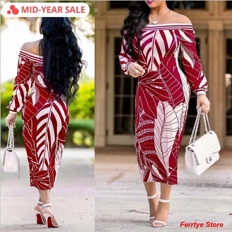

Sexy Midi Dresses Off Shoulder 5XL Plus Size 2020 New Leaf Summer Bishop Sleeve Female Club Bodycon Sundresses Women