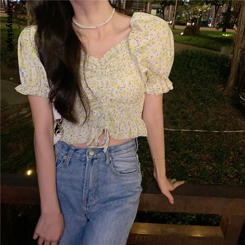 

2021 new spring summer boho beach print blouses shirt women long sleeve ruffle short blouse tops female blusas