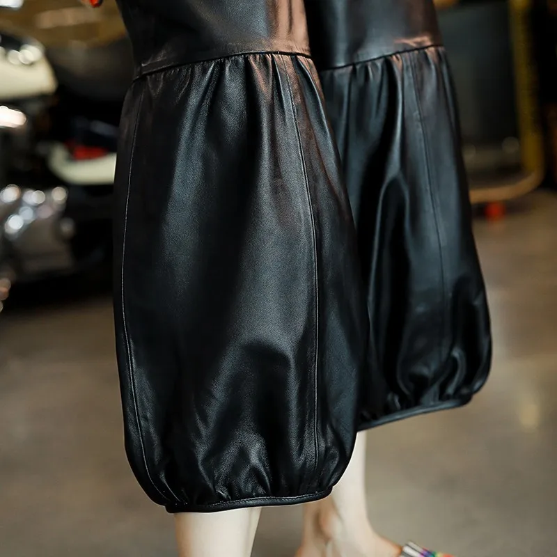 

Women 2021 New Loose Fit Casual Sheepskin Genuine Leather Wide Leg Pants Harajuku Fashion Pocket Ankle Length Real Leather Pants