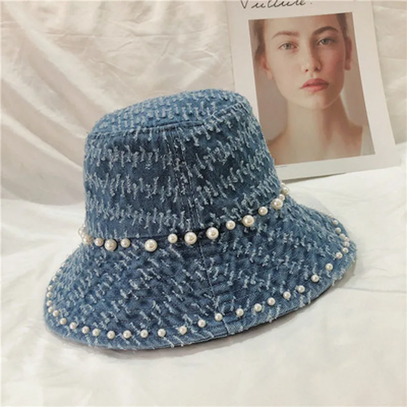 Summer Wild Pearl Denim Bucket Hats Fashion Statement Distressed Design Sun Hats for Women Travel Sunscreen Essentials