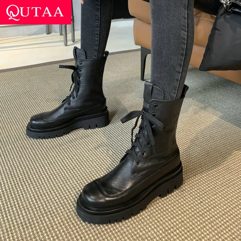 

QUTAA 2022 Round Toe Autumn Winter Ankle Boots Cow Leather Concise Women Shoes Square Med Heel Zipper Short Boots Size 34-39