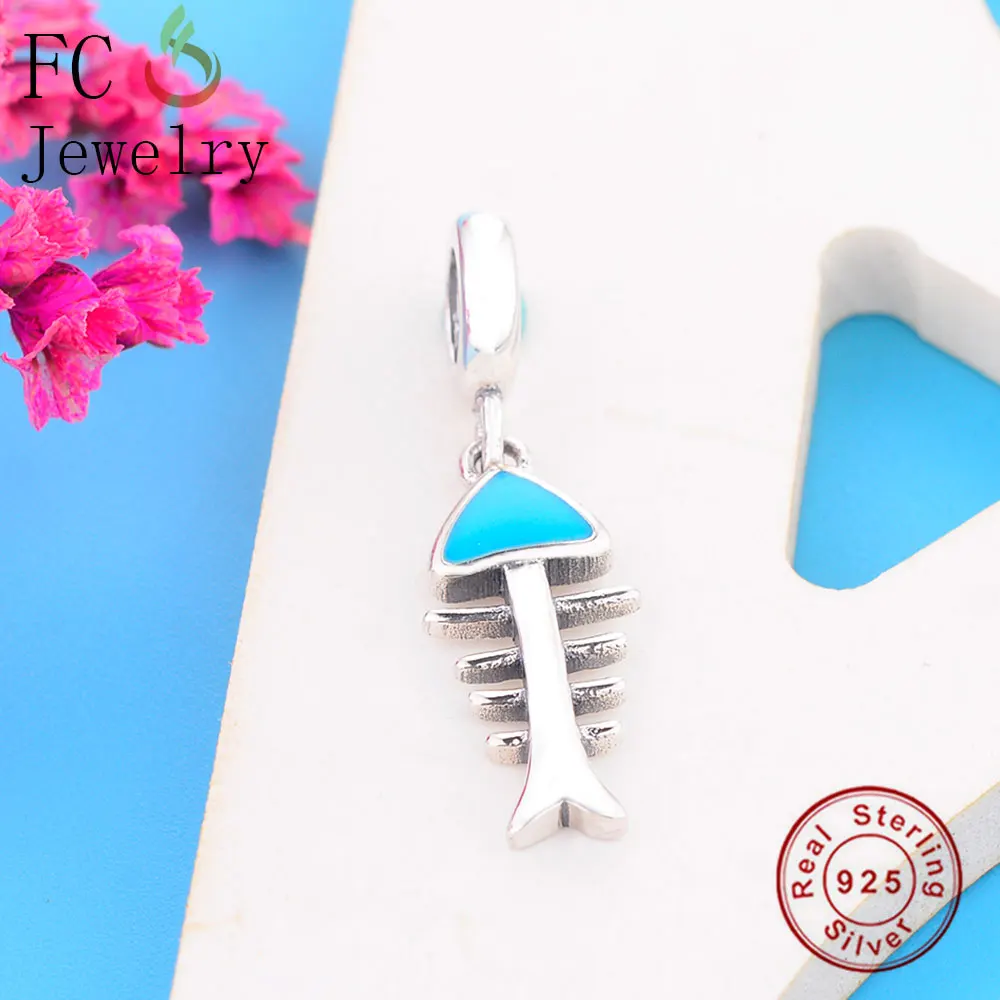 FC Jewelry Fit Original Brand Charm Bracelet 925 Sterling Silver Blue Enamel Fish Bone Cat Food Bead Making Berloque 2019 DIY | Украшения и