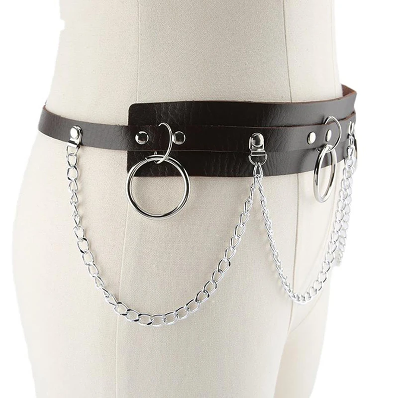 

Punk Gothic Faux Leather Belt Metal Chain Ring Waist Strap Street Dance Decor
