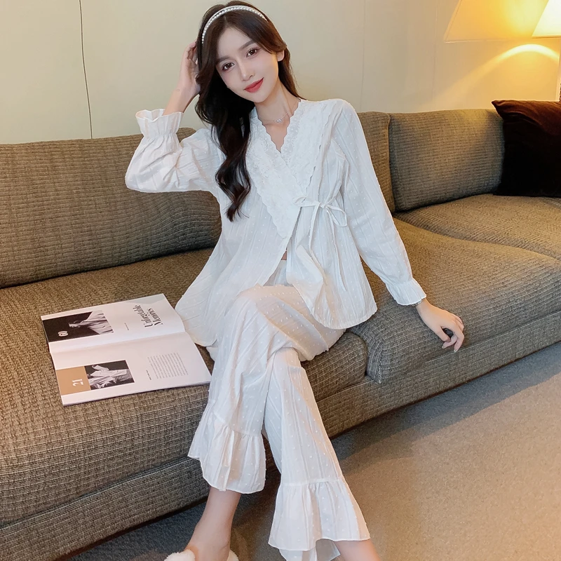 

Women's Pajamas Set V Neck Design Luxury Sleepwear Silk Like Home Clothes Nightwear Autumn and Winter Kimono Tie Home Dress
