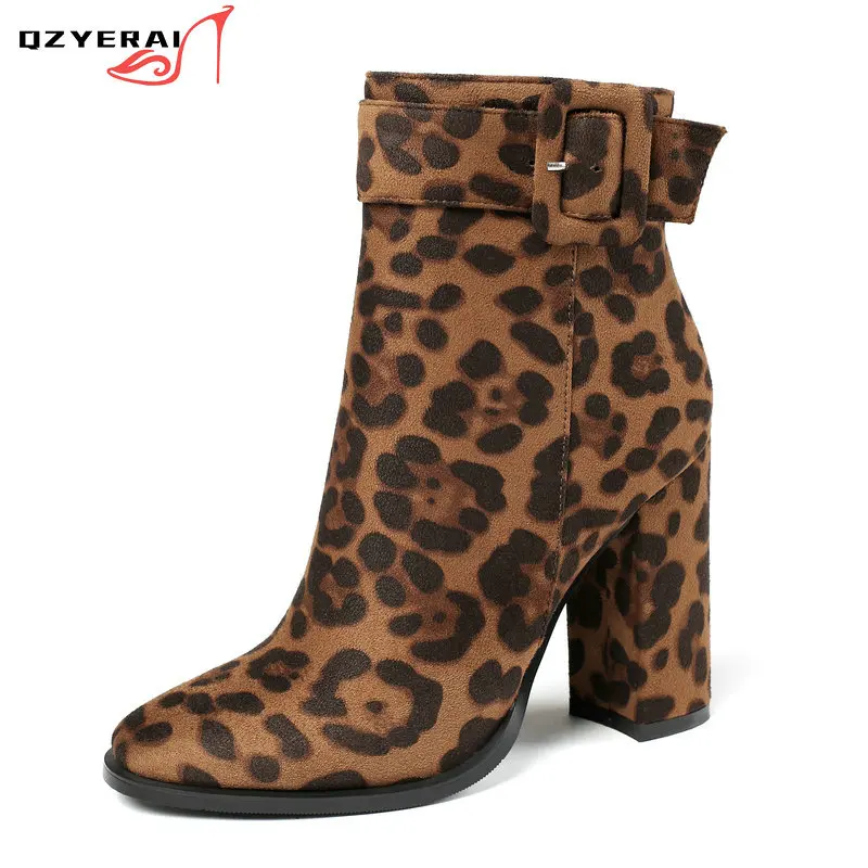 

2021 New Winter Women Ankle Boots European Style Leopard Grain Female Boots Round Head 10cm High Heels Shoes