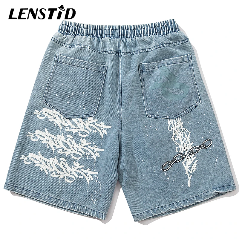 Джинсовые шорты LENSTID мужские в стиле хип-хоп уличная одежда с принтом Призрака и