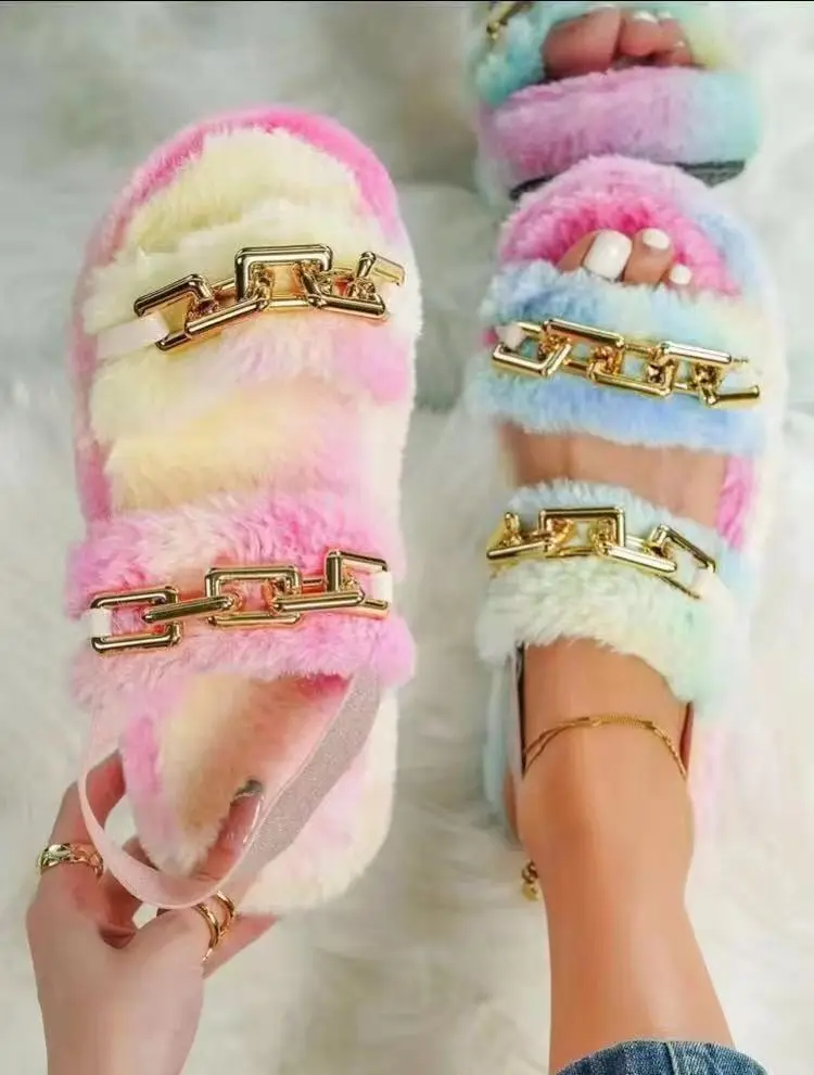 

New Indoor Women Fur Slippers Fluffy Soft Furry Slides Thick Flats Heel Non Slip House Shoes Ladies Luxury Chain Design Footwear