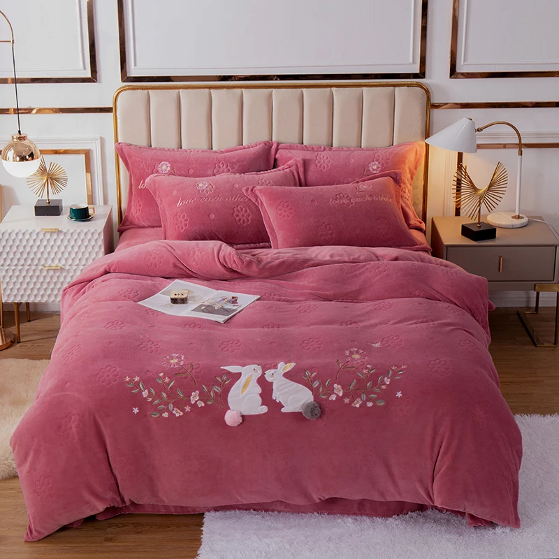 Зимний мягкий фланелевый флисовый комплект постельного белья с вышивкой в виде