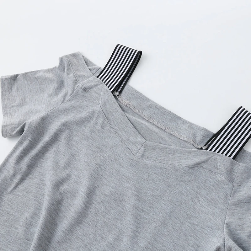 

Women Casual V Neck Off Shoulder Stripe Shoulder Straps Grey Color Short Sleeve Patchwork Dress Slim Mini Pencil Dress