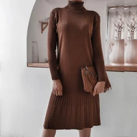 autumn winter solid casual sweater dress ladies turtleneck pleated knitted tunic loose color womens long womens sweater