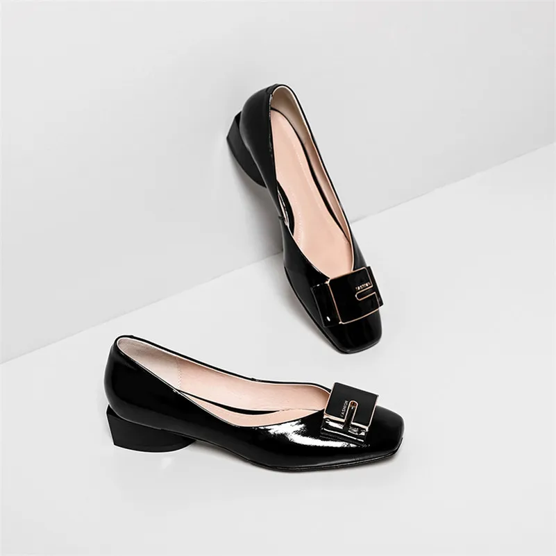 

Meotina Genuine Leather Square Toe Pumps Women Low Heels Shoes Metal Decoration Slip On Shoes Ladies Thick Heels Footwear 40 41