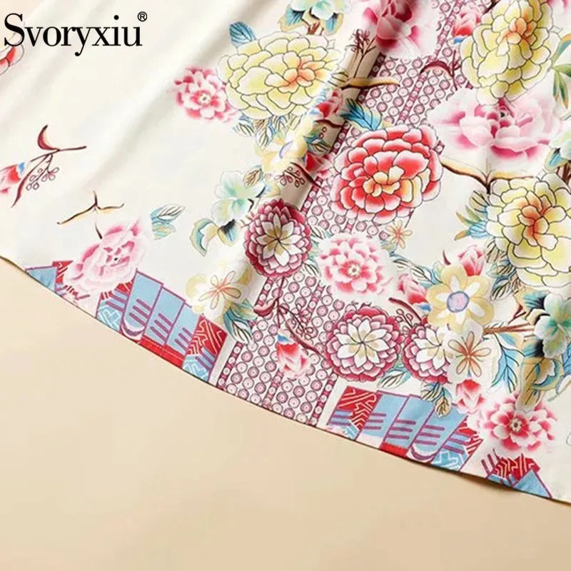 

Svoryxiu Designer Spring Summer Vintage Dress Women's Fashion Lantern Sleeve Elastic Waist Flower Print Mid-Calf Dress Vestdios